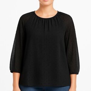 🌺 Old Navy Black Swiss Dot Sheer Chiffon Blouse S Boho Oversized Long Sleeve